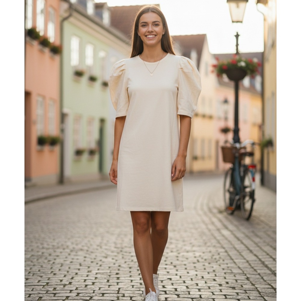 NWT English Factory Womens Small Cream Crew-Neck Short Puff Sleeve T-Shirt Dress